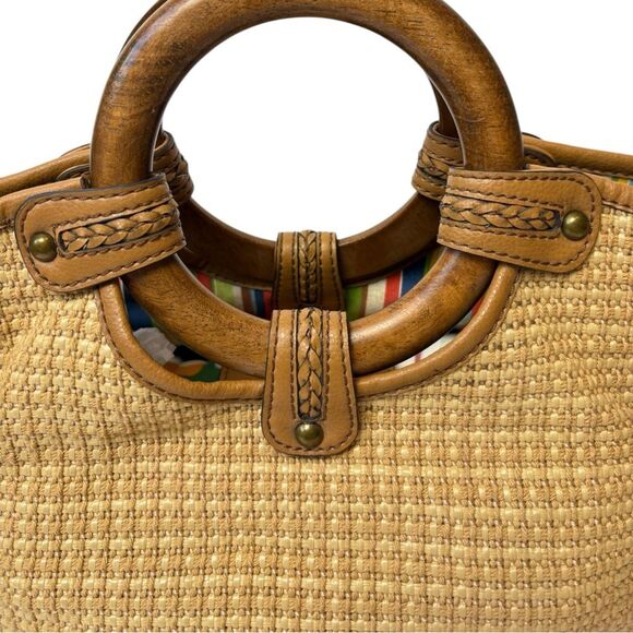 Vintage Fossil Tan Woven Straw Wood Handles Small Satchel Tote Bag Y2K 90’s Boho - Picture 2 of 8